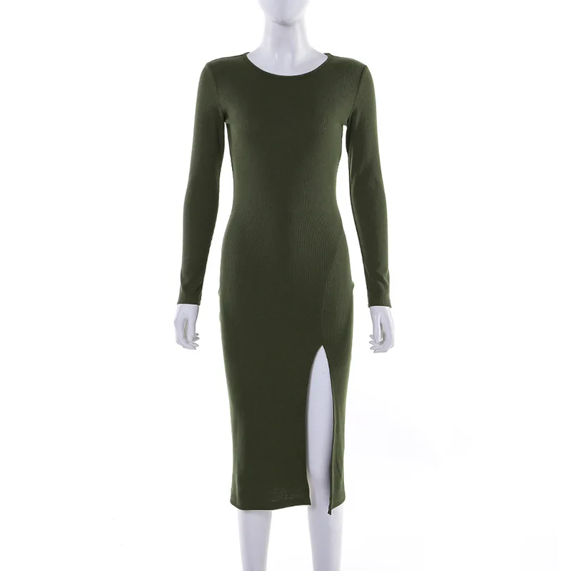 WannaThis Простые платья для женщин Сплит до колена Вечерние Платья Bodycon с длинным рукавом осень зима o-образным вырезом сплошной Тонкий Повседневный - Цвет: green