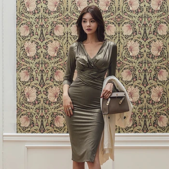 

Solid Modis Streetwear Autumn Dress Women Three Quarter Corset Split Bodycon Midi Dress Women Sheath Sexy Party Dress Plus Size