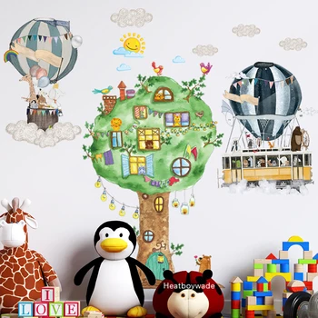 

2pcs/set Large size Cartoon Kids room Wall Stickers Animals Tree Wall Decals Hot air balloon Stickers on the Wall DIY Mural