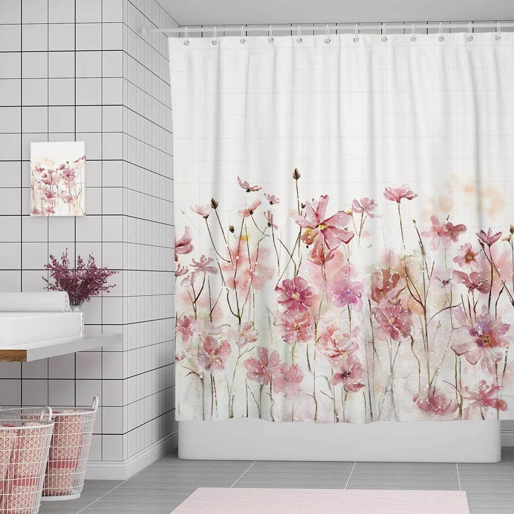 Bathroom Shower Curtain Fabric Heart Printed Waterproof Bath Curtains Set Opaque 