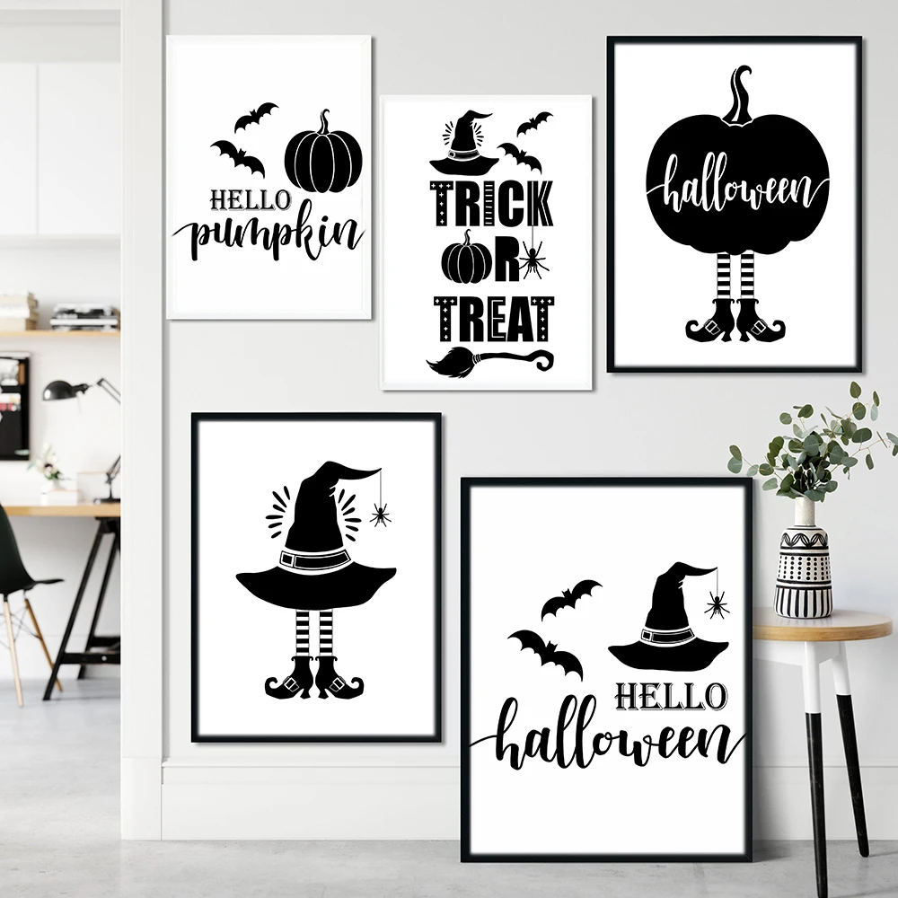 

Halloween Witch Crow Poster Trick or Treat Quotes Canvas Painting Wall Art Picture Hello Pumpkin Prints Nordic Autumn Decoration