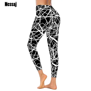 

Nessaj Black Whit Print Leggings Women High Waist Leggins Mujer Slim Fitness Workout Leggings Female Striped Push Up Leggings