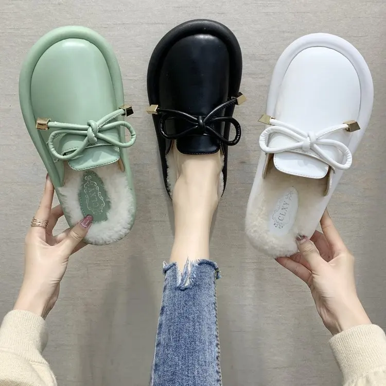 

Closed-toe WOMEN'S Slippers 2019 Winter New Style Anti-slip Wear-Resistant Versatile Hide Substance Slipper Bow Flat Semi-Slippe