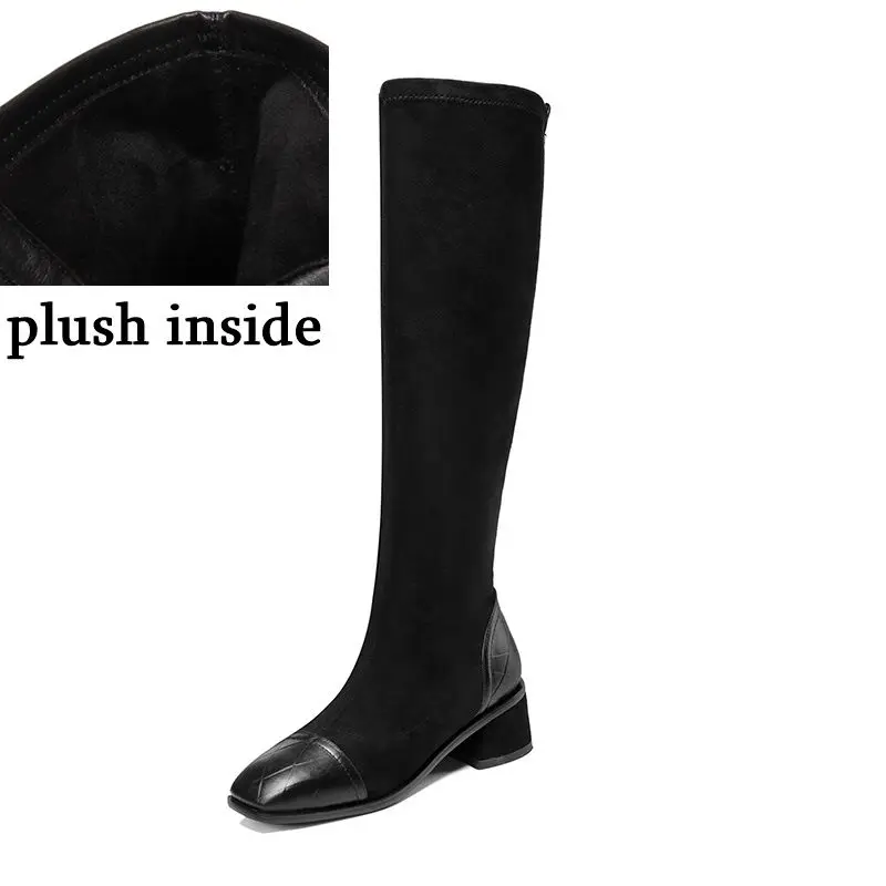 plush inside ALLBITEFO/женские сапоги из натуральной кожи и эластичного флока; сезон осень-зима; женские сапоги до колена; модные сапоги для девочек с квадратным носком - Цвет: plush inside