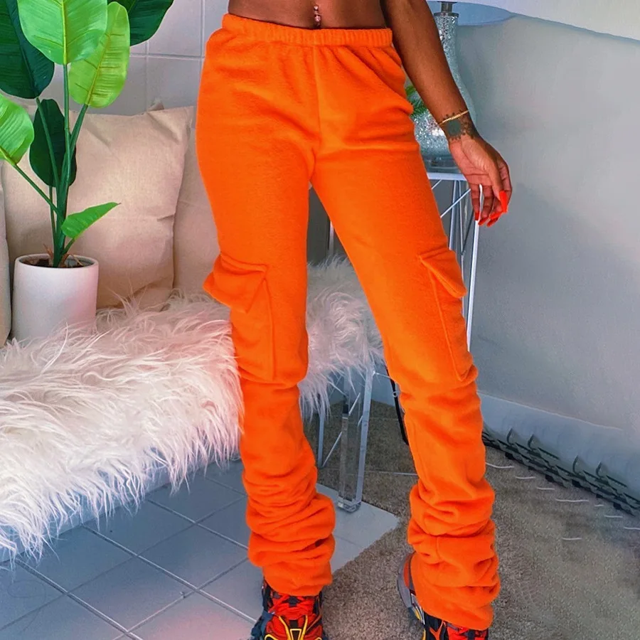 Women Stacked Sweatpants Black Orange 