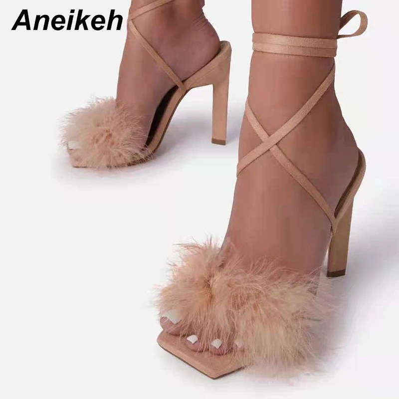 Women High Heels Aneikeh Summer Rome Fashion Furry Cross-Tied Women Pumps Sexy 11CM Thin High Heel Lace-up Dress Party Ladies Sandals