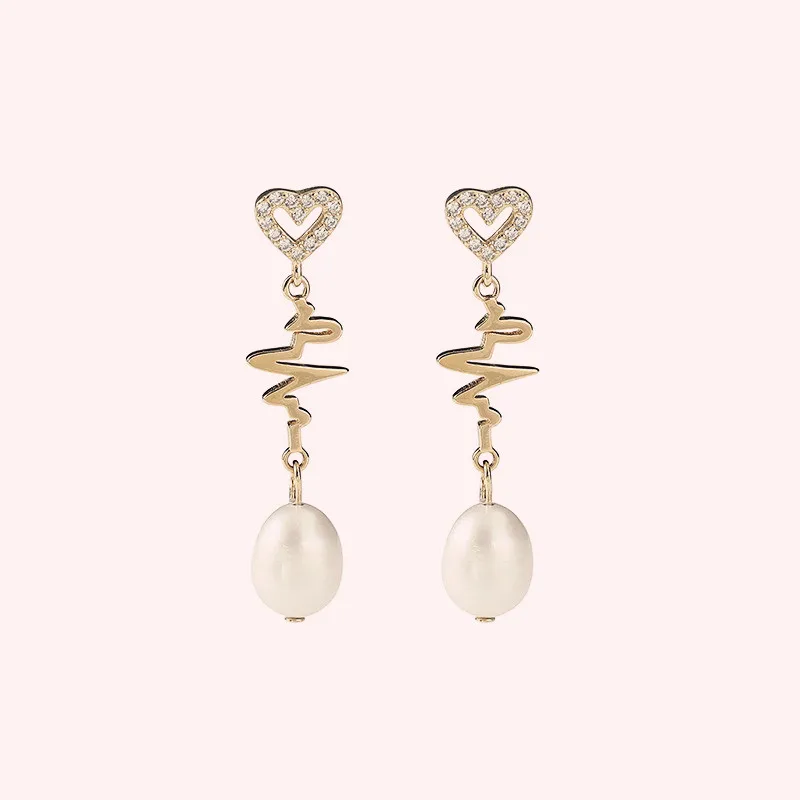 

925 Sterling Silver Pearl Earrings For Women Electrocardiogram Inlaid Zircon Fashion Temperament Wild Drop Earrings