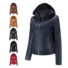 

2021 New Autumn Winter Women's Detachable Hooded Leather Jacket British Glen Fashion Plush Warm Jacket Six Colors Pu Coat Top