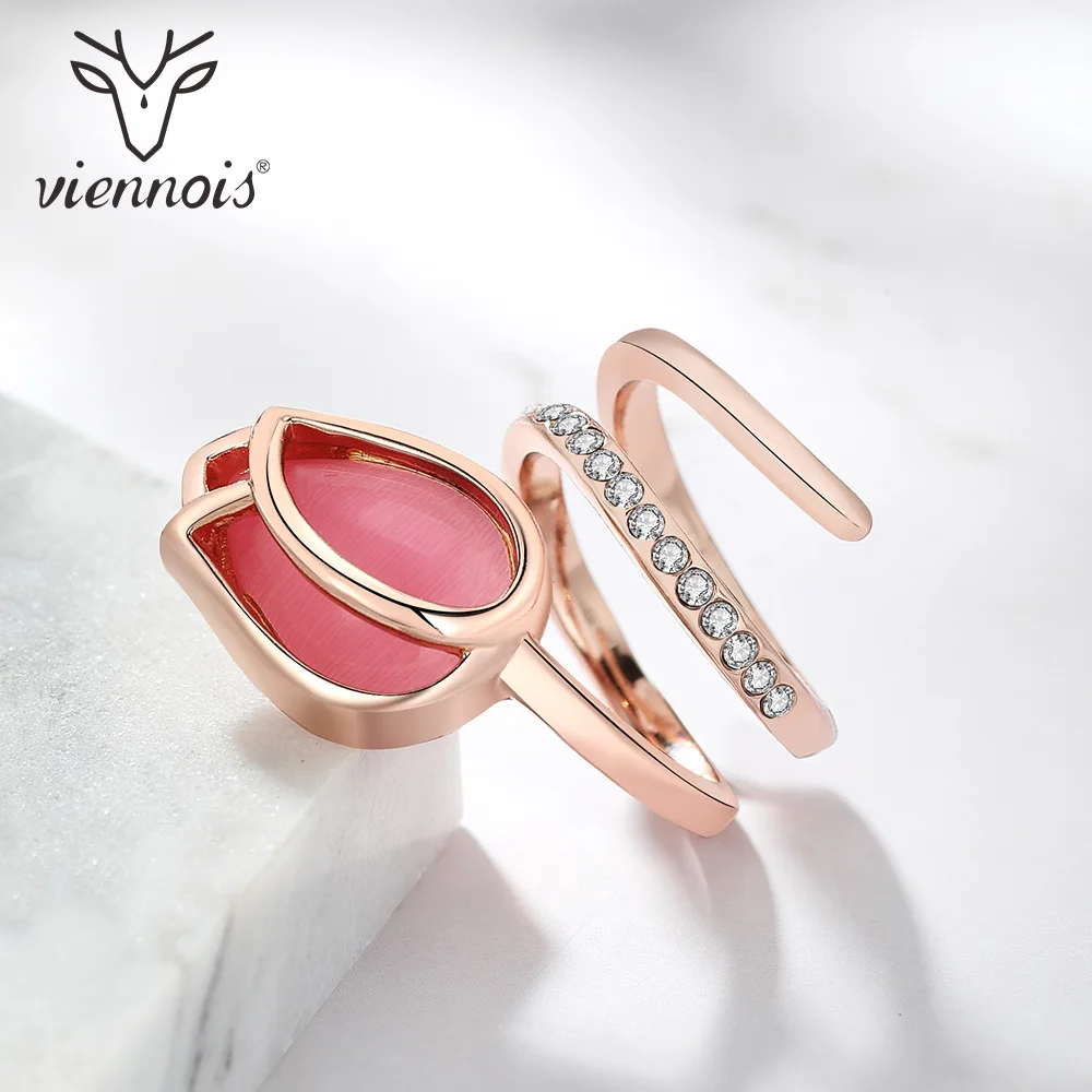 Кольца Viennois цвета розового золота с опалом тюльпаном для женщин, стразы, Размер 7, 8, 9, кольца для женщин, кольца для вечеринок, ювелирные изделия