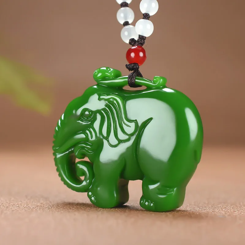 

NATURAL GREEN JADE ELEPHANT PENDANT NECKLACE BEADS CHINESE DOUBLE-SIDED CARVED FASHION CHARM JEWELRY AMULET FOR MEN WOMEN GIFTS