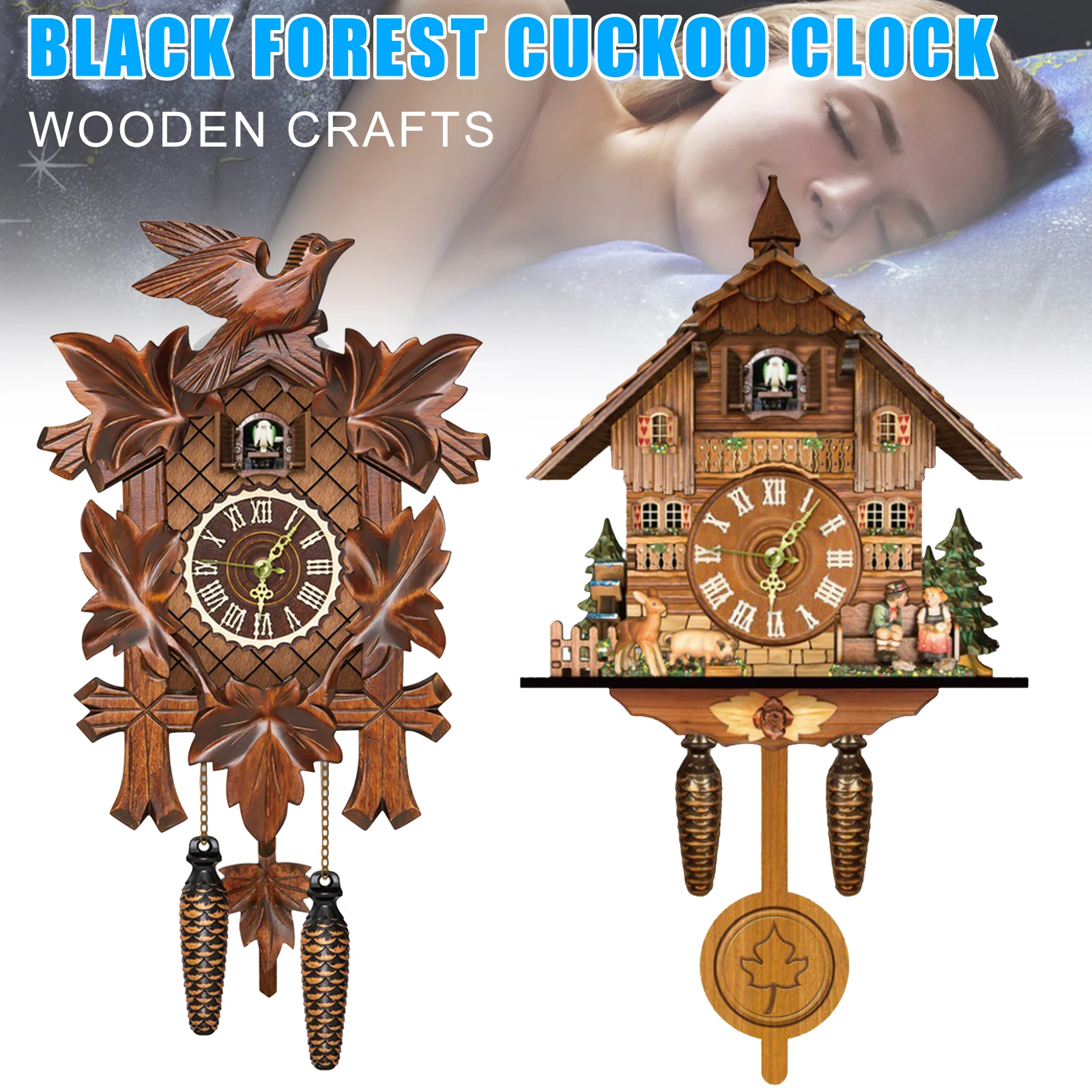 Fullnoon Forest Cuckoo Clock Retro Nordic Style Wooden Cuckoo Wall Mechanical Alarm Clock for Home Office Decoration Wooden Bird Patterned Wall Clock Chalet-Style Wall Clock