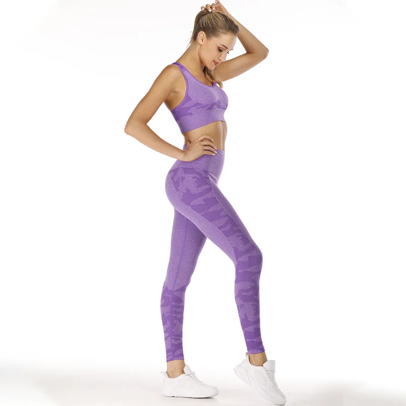 Набор для йоги женский бесшовный фитнес-Бюстгальтер для йоги спортивный бюстгальтер Камуфляжный Высокая талия гимнастические легинсы, штаны для фитнеса костюм тренировочные леггинсы - Цвет: Purple Set