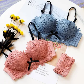 

Fashion New Women Underwear Hot Sale Adjustable Push-up Bra Set Fine Flower Embroidery and AB Cup Comfortable Wireless Brassiere