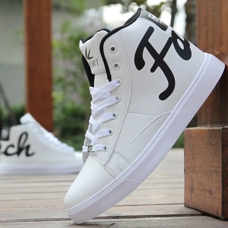 White Men's Spring Autumn Shoes Skateboarding Shoes High Top Men British Style Comfortable Sneaker Men's Skateboarding Sneakers Sports - Color: White