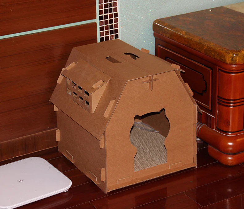 Кошачий дом инструмент картонная коробка DIY скребок ПЭТ Китти имеет небольшие внутренние окна из гофрированной бумаги сборные игрушки Поставки LB111810