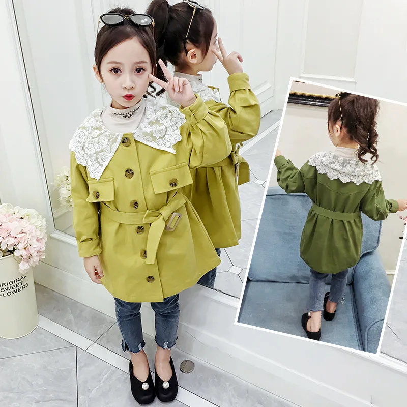 

Lace Patchwork Fashion 2019 Long Jackets For Girls Long Sleeve Belt Autumn Coats Clothing Children Back To School Outerwear Tops