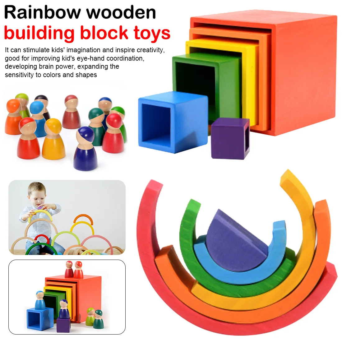 

12Pcs Toddler Playset and Waldorf Inspired Rainbow Wooden Toys Colorful Rainbow Blocks Rainbow Stacker Toy for Infant