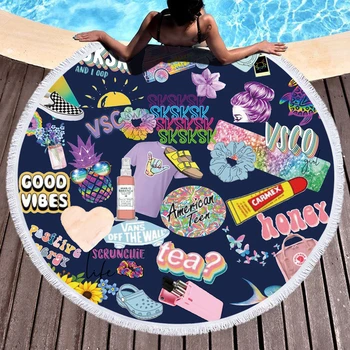 

Funny Summer Element Microfiber Beach Towel Cartoon Sunglasses Slipper Skateboard Print Large Round Beach Towel For Adult