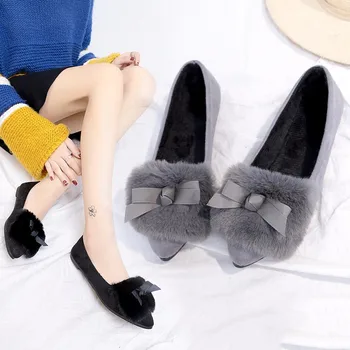 

Women Fur Flats Short Plush Woman Shoes Faux Fur Slip on Flat Shoes Winter Shoes Pointed Toe Comfortable Boat Shoes