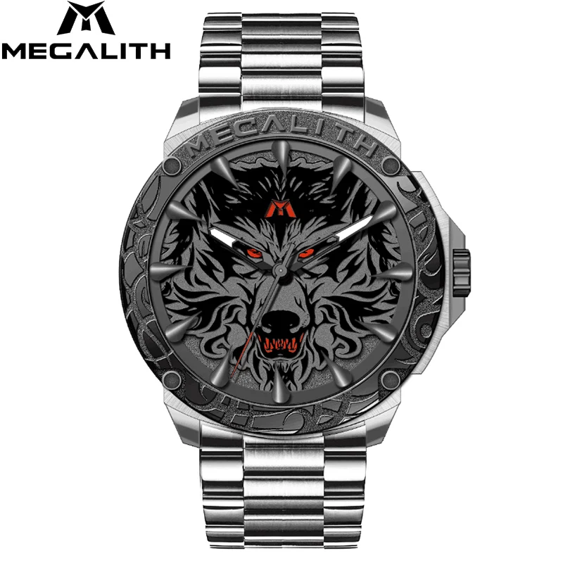 Relogio Masculino,, MEGALITH, спортивные, тисненые, Волчья Голова, кварцевые часы, водонепроницаемые, нержавеющая сталь, Роскошные наручные часы, мужские часы - Цвет: steel sliver black