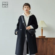 

ZIQIAO Women's Winter Retro Brown Double-sided Wool Velvet Coat Mid-length Women Black All-match Straight Woolen Blazer Jackets