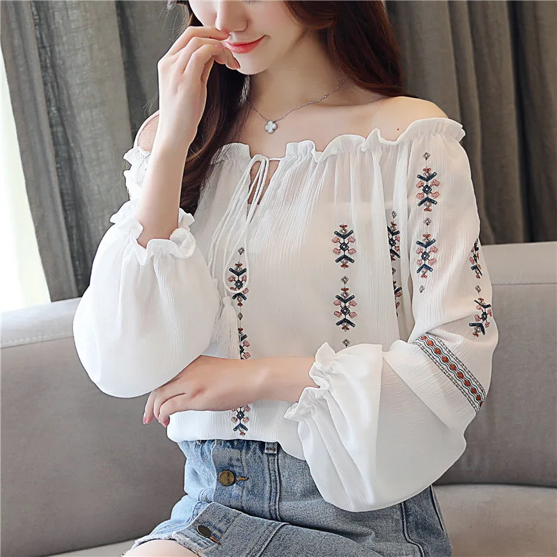 New Autumn Women Shirts Embroidery Chiffon Folk Wind Carefully Blouse Shirt White 9024