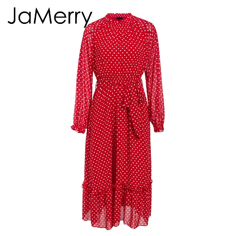 JaMerry, винтажное, Осеннее, женское, вечерние, длинное, макси платье, элегантное, рукав-фонарик, в горошек, с принтом, платья для отдыха, пляжный стиль, платья - Цвет: Красный