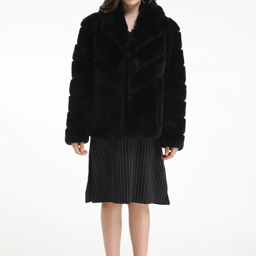

women real rex rabbit fur jacket black color plus size warm winter furry fluffy 2019 fashion