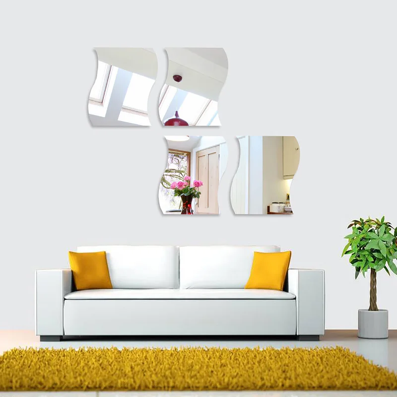 6Pcs 3D Mirror Wall Sticker Waves Shape Self-Adhesive Home Thickness Bathroom Kitchen Living Room Home Decoration Accessories