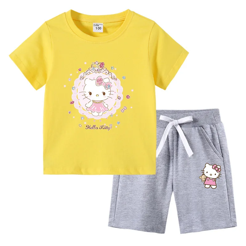 thumbnail image 1 of Hello Kitty-Camiseta de algodón con estampado de dibujos animados para niños y niñas, traje de dos piezas con pantalones de manga corta, verano, 1 of 5
