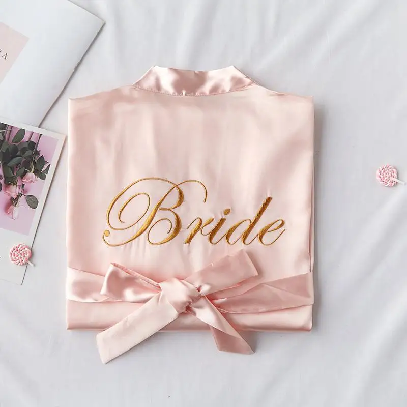 Bride Pinkl Вышивка невесты Свадебный халат Элегантный бордовый кимоно халат пижамы повседневное мягкое банное платье леди атласная ночная рубашка - Цвет: Bride Pinkl