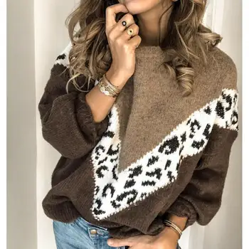 

Women's Stitching Leopard Sweater Long Sleeve Top Sweaters Women 2020 Womens Winter Sweaters Plus Size Women Knitted Sweater