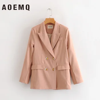 

AOEMQ Fashion Jackets 3 Colors Solid Coat Open Stitch Outwear Double Breasted Button Jackets Formal Office Lady Coats Clothing