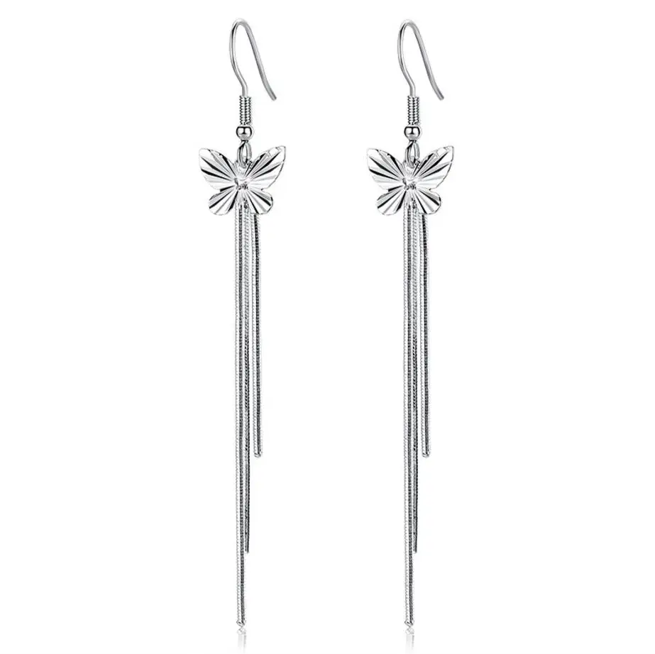 925 Sterling Silver Butterfly Long Tassel Drop Earrings for Woman Gift