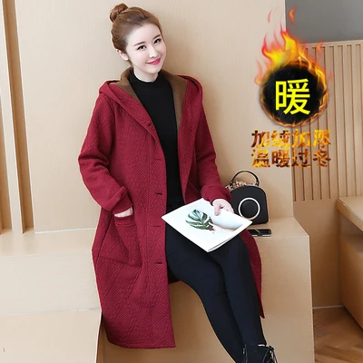 wine red Женское зимнее пальто с капюшоном размера плюс 5XL, плотное бархатное пальто большого размера с длинным рукавом, однобортное длинное пальто из смесового хлопка 174 - Цвет: wine red