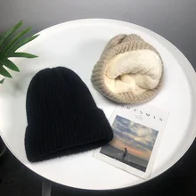 Шапка женская осенняя и зимняя модная мохер шерстяная шапка Корейская японская дикая плюс бархатная Толстая теплая шапка Skullies& Beanies