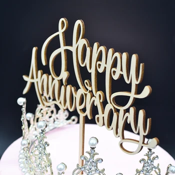 

Wooden craft laser cut Happy Anniversary wedding cake wood topper decoration