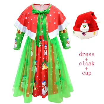 

Girls Christmas Dress Santa Claus Print Princess Dresses with Cloak and Cap Sets Outfits Kids Vestido Christmas Party Clothing