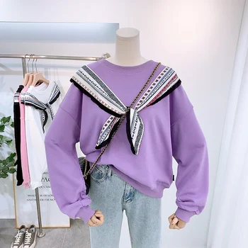 

2020 Autumn Short Loose Sweatshirt Women Preppy Style Ribbon Patchwork Pullover Sweater Lady Simple Casual Coat Teenagers