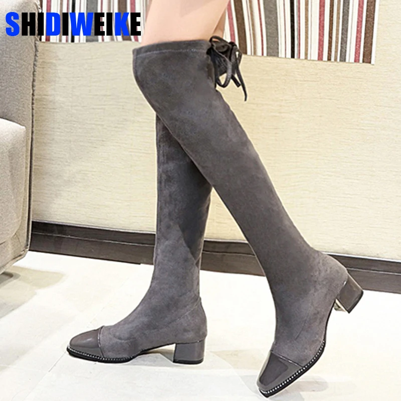 

Women Casual Gray Over the Knee boots shoes Winter Female Round Toe Patent leather Square heel Pumps Warm Boots Lace-Up Mujer