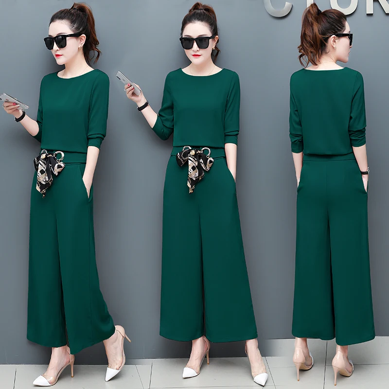 

2019 Spring And Autumn 2 Piece Set Women Wide Leg Trousers Suit Set Leisure Palazzo Pants Ensemble Femme Survetement Woman Suit