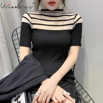 

See-through Mesh Women Tshirt Slim Tee Tops Transparent Turtleneck Summer Short Sleeve Knitted Tops For Woman Clothing T03021B