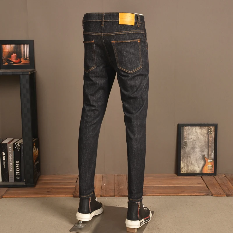 Men's Black Stretch Jeans Summer Fashion Casual Slim Fit Pencil Pants Korean Style Cotton Denim Trousers