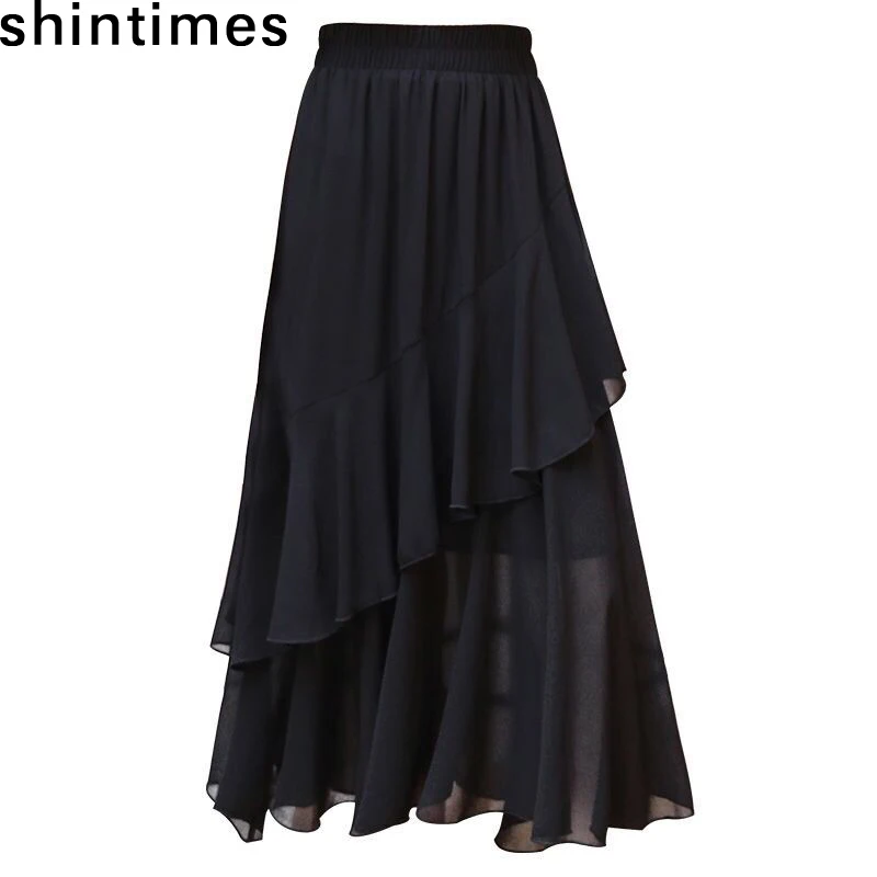 

shintimes Chiffon Long Skirts For Women Ruffles Patchwork Skirts Womens Elastic High Waist Summer Irregular A-line Black Skirt