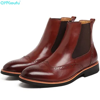 

QYFCIOUFU Genuine Leather Chelsea Boots For Men Luxury Italian Brogue Dress Boots Slip On High Help Black Brown Work Boots Shoes