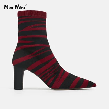 

Sexy Pointed Toe Knitted Sock Boots Women Zebra Print High Heels Women Boots Slim Stretch Ankle Boots for Women Winter Shoes