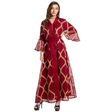 

New Flared sleeves Muslim Embroidered Mesh Dress For Female Ladies Robe With Waistband Islamic Clothes Musulman Femme Vestidos