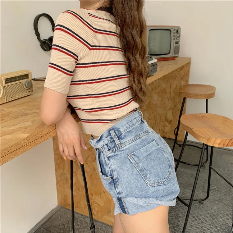 

Flutter La Simple Korean Style Elegant V-neck Stripes Short Sleeve T-shirt Women's High-waisted Slim Fit Navel Short Knitted Swe