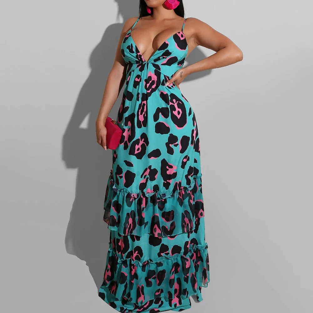 

Cyan Print Spaghetti Strap Long Dress Summer Sexy Backless Ruffles Women Beach Dresses Lace-Up Sleeveless A Line Party Robe
