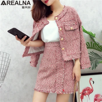 

High Quality Women 2 Piece Set Autumn Winter runway Tweed Tassel Single Breasted Jacket Coat + A-Line Skirt Suits outfit women